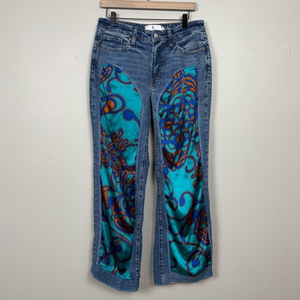 Upcycled Jeans 8 Blue High Rise Loose Satin Bohemian Paisley Denim